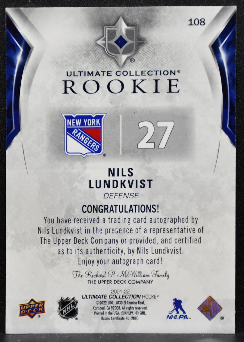 2021-22 UD Ultimate Collection Rookie Auto Lundkvist RC Auto 048/299 6068