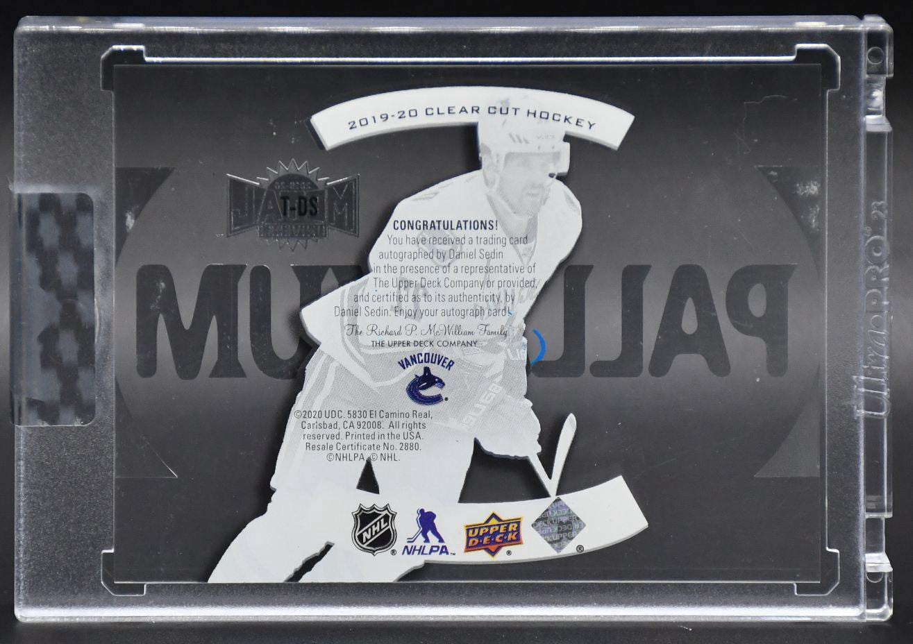 2019-20 UD Clear Cut Palladium Daniel Sedin T-DS Vancouver Canucks Auto