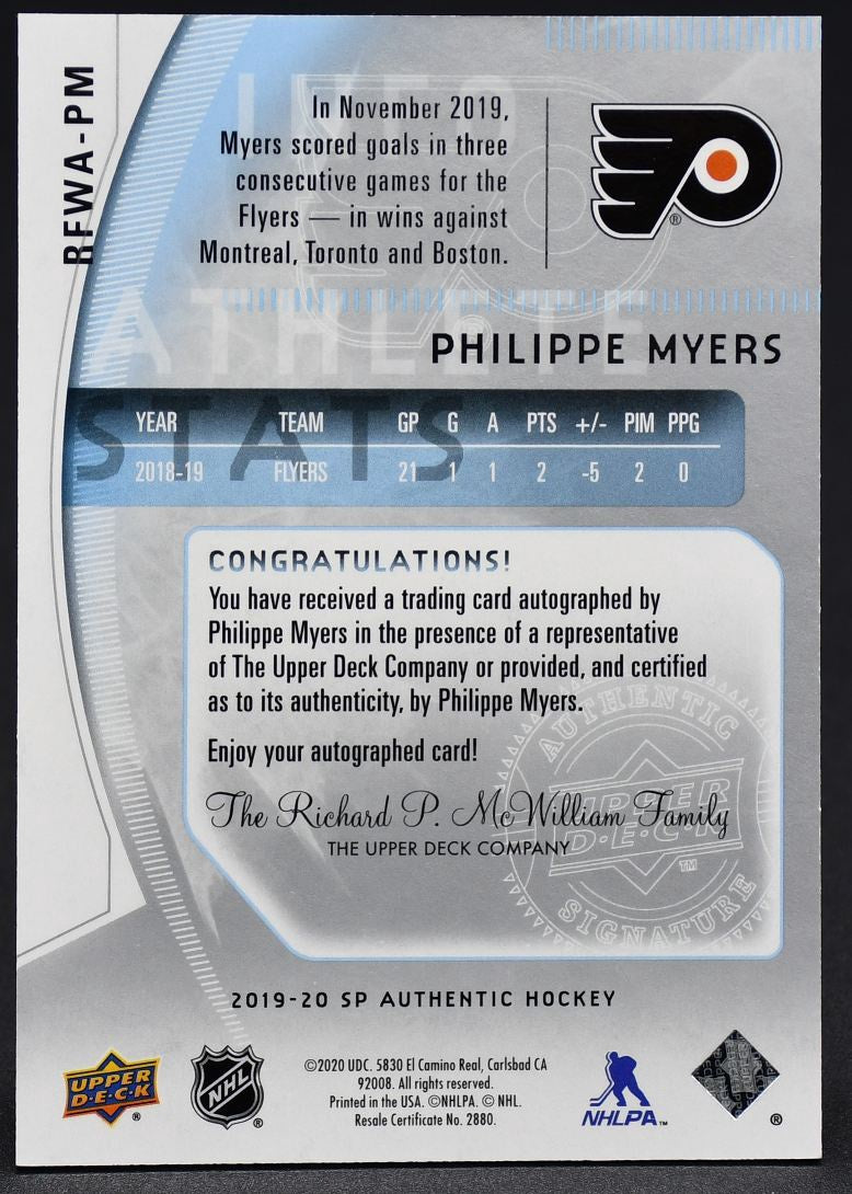 2019-20 SP Authentic Future Watch Auto Philippe Myers RFWA-PM RC Auto 222/399