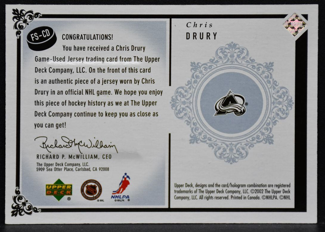2002-03 Upper Deck Framed Sweaters Chris Drury FS-CD Colorado Avalanche Jersey 3446
