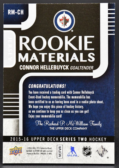 2015-16 UD Series 2 Rookie Materials Connor Hellebuyck RM-CH RC Jersey #2