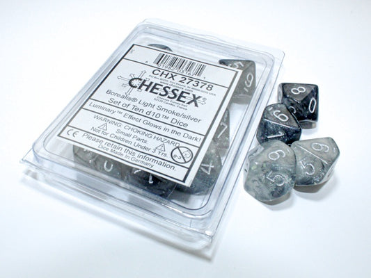 Borealis 10 * D10 Light Smoke / Silver Luminary Chessex Dice (CHX27378)