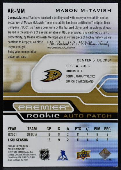 2021-22 UD Premier Acetate Patch Gold McTavish Ducks RC Auto 53/65 Patch 5415