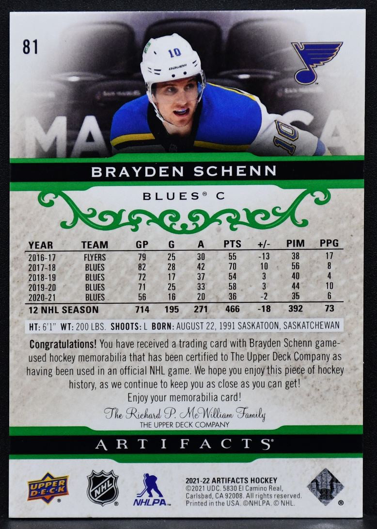 2021-22 UD Artifacts Brayden Schenn 81 St. Louis Blues 09/65 Patch