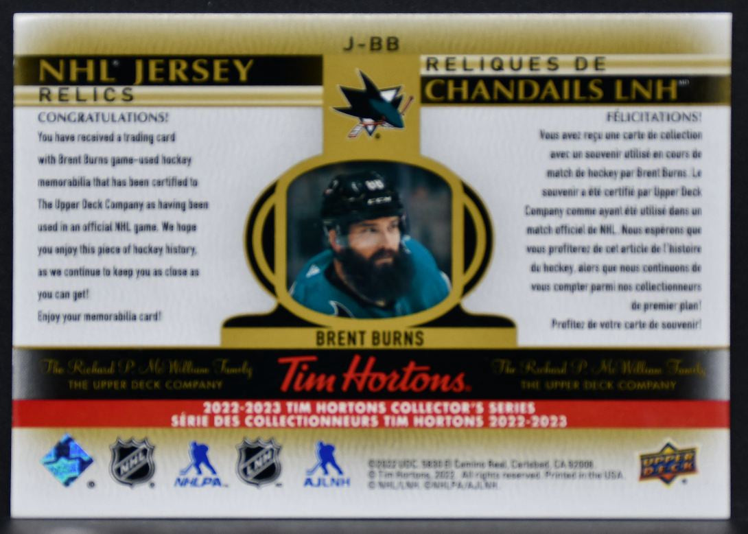 2022-23 UD Tim Hortons NHL Jersey Relics Brent Burns J-BB San Jose Sharks Jersey 2869