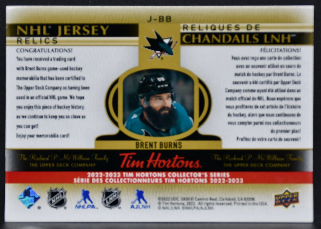 2022-23 UD Tim Hortons NHL Jersey Relics Brent Burns J-BB San Jose Sharks Jersey 2869