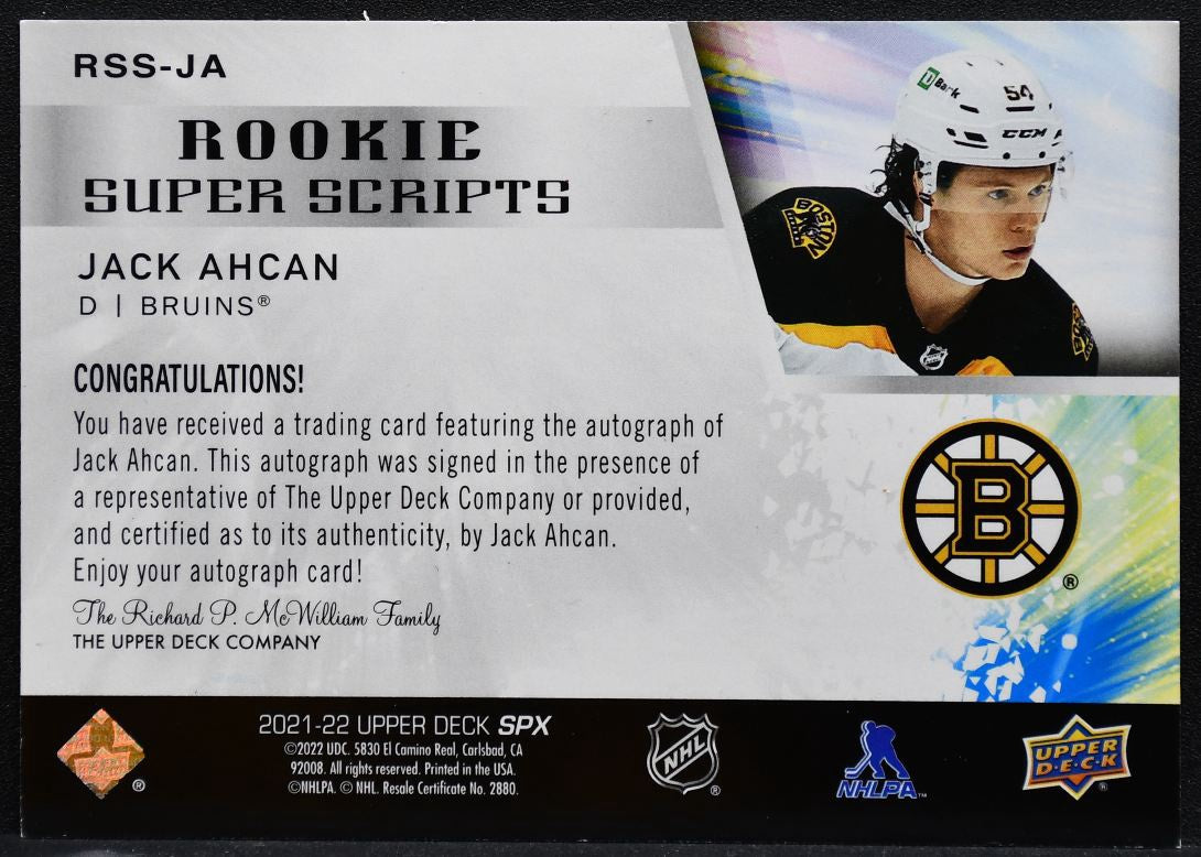 2021-22 SPx Rookie Superscripts Jack Ahcan RSS-JA Boston Bruins RC Auto 1605