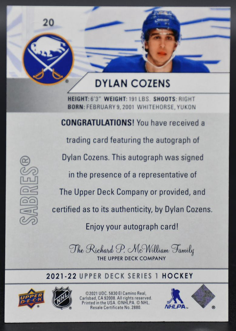 2021-22 UD Series 1 Dylan Cozens 20 Buffalo Sabres Auto