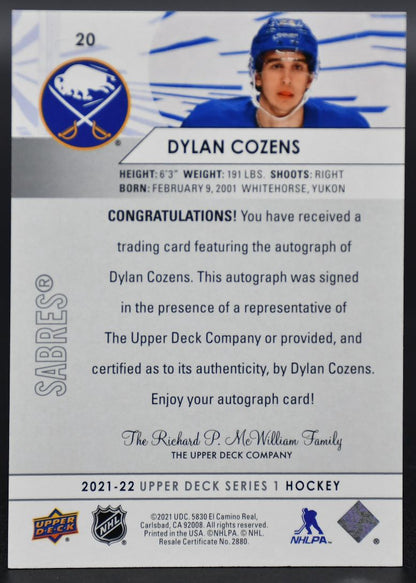 2021-22 UD Series 1 Dylan Cozens 20 Buffalo Sabres Auto