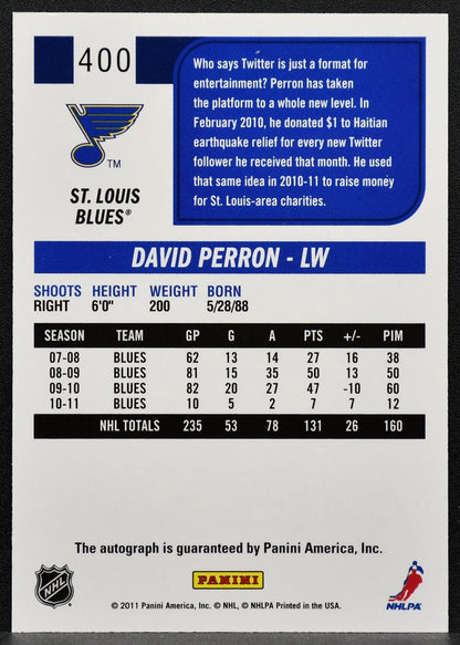 2011-12 Score Signatures David Perron 400 St. Louis Blues Auto 3130