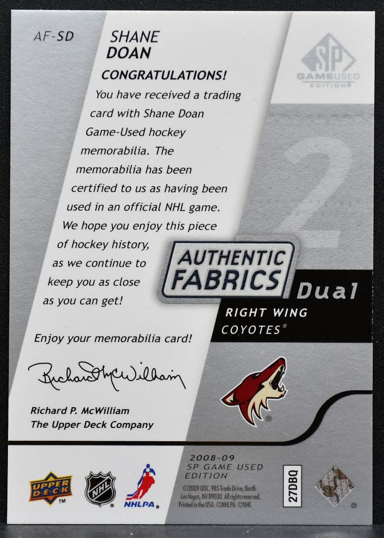 2008-09 SP Game Used Authentic Fabrics Dual Shane Doan Jersey 5208