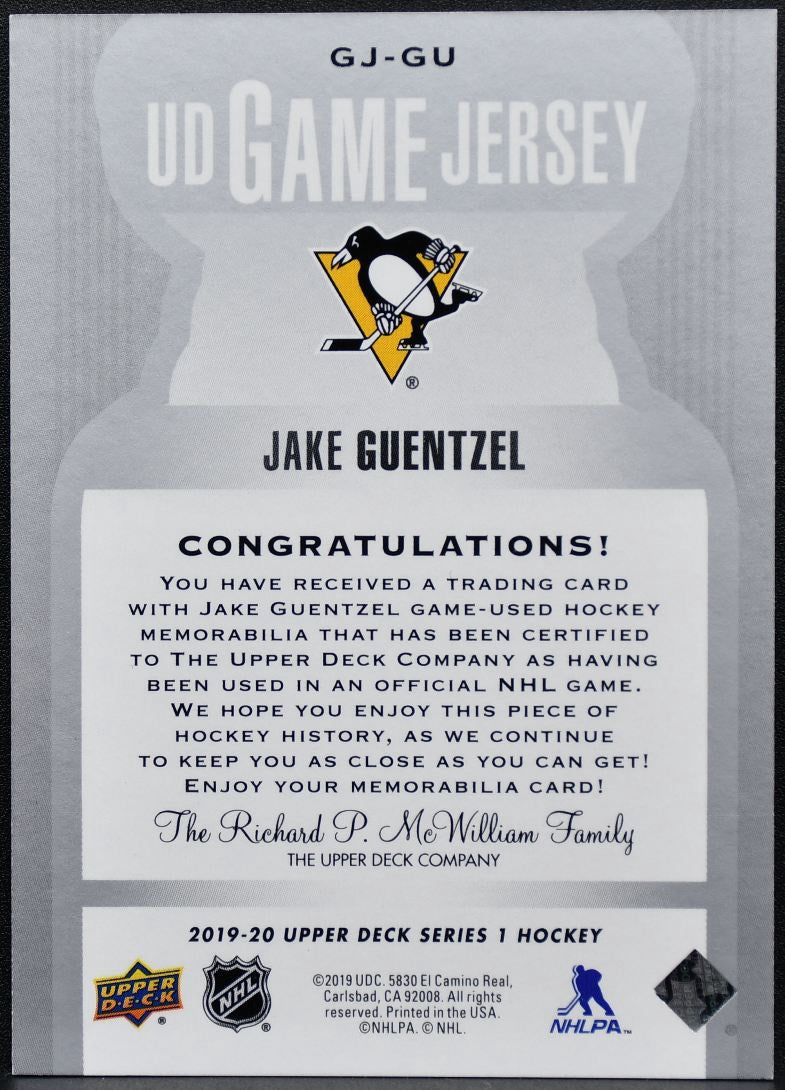 2019-20 UD Series 1 UD Game Jersey Jake Guentzel GJ-GU Jersey 0550