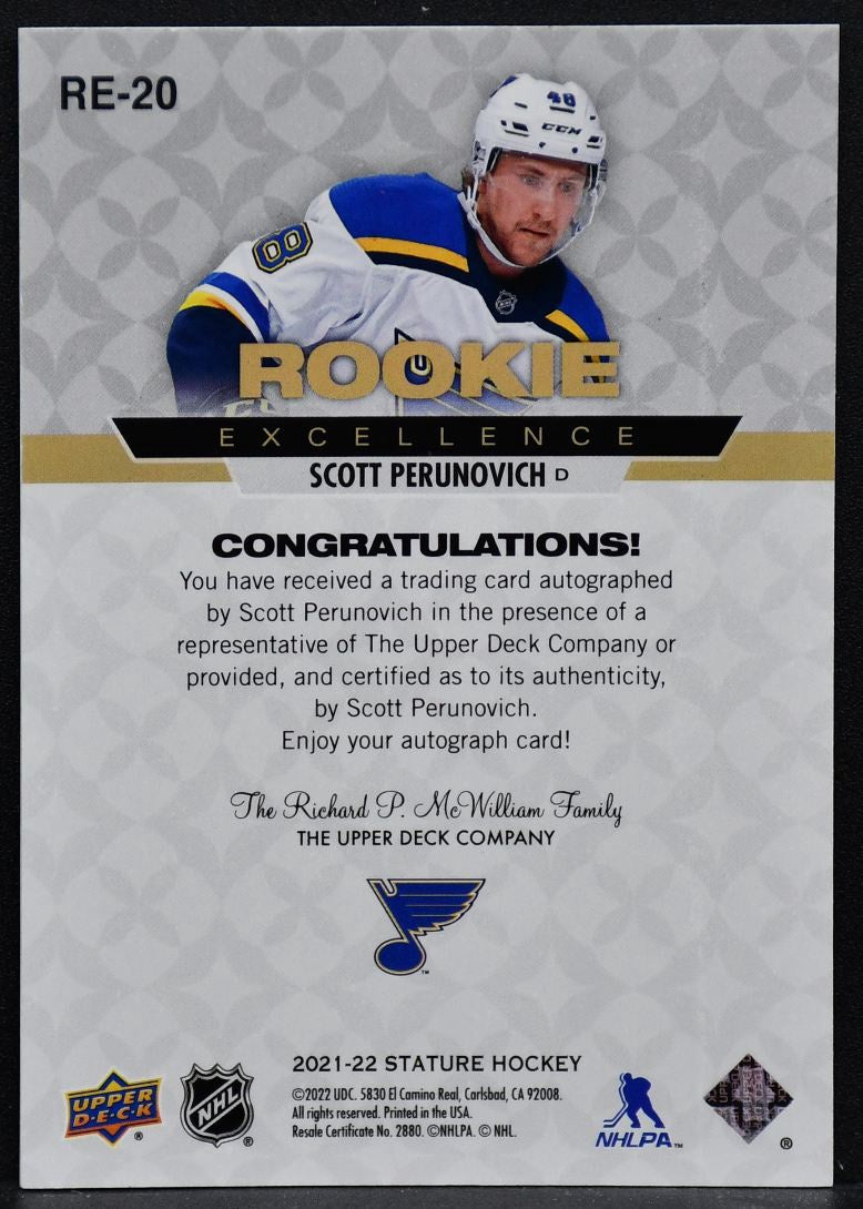 2021-22 UD Stature Rookie Excellence Auto Scott Perunovich RE-20  RC Auto