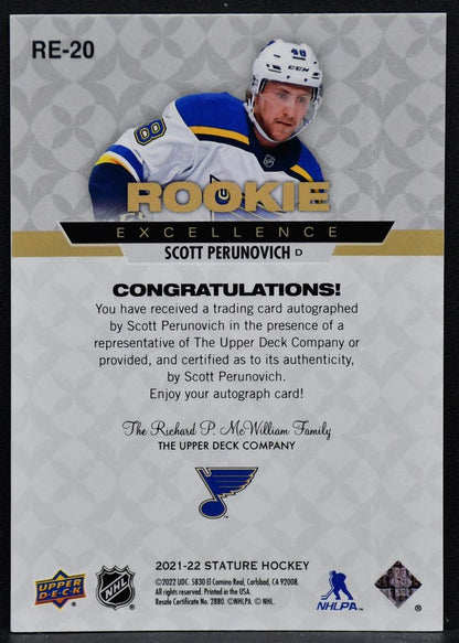 2021-22 UD Stature Rookie Excellence Auto Scott Perunovich RE-20  RC Auto