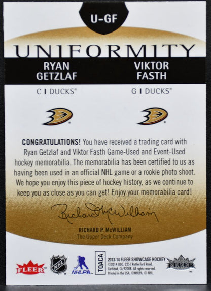 2013-14 Fleer Showcase Uniformity Jerseys Getzlaf/Fasth Ducks Jersey 2874
