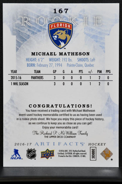 2016-17 UD Artifacts Rookie Silver Materials Matheson RC /399 Jersey 9759