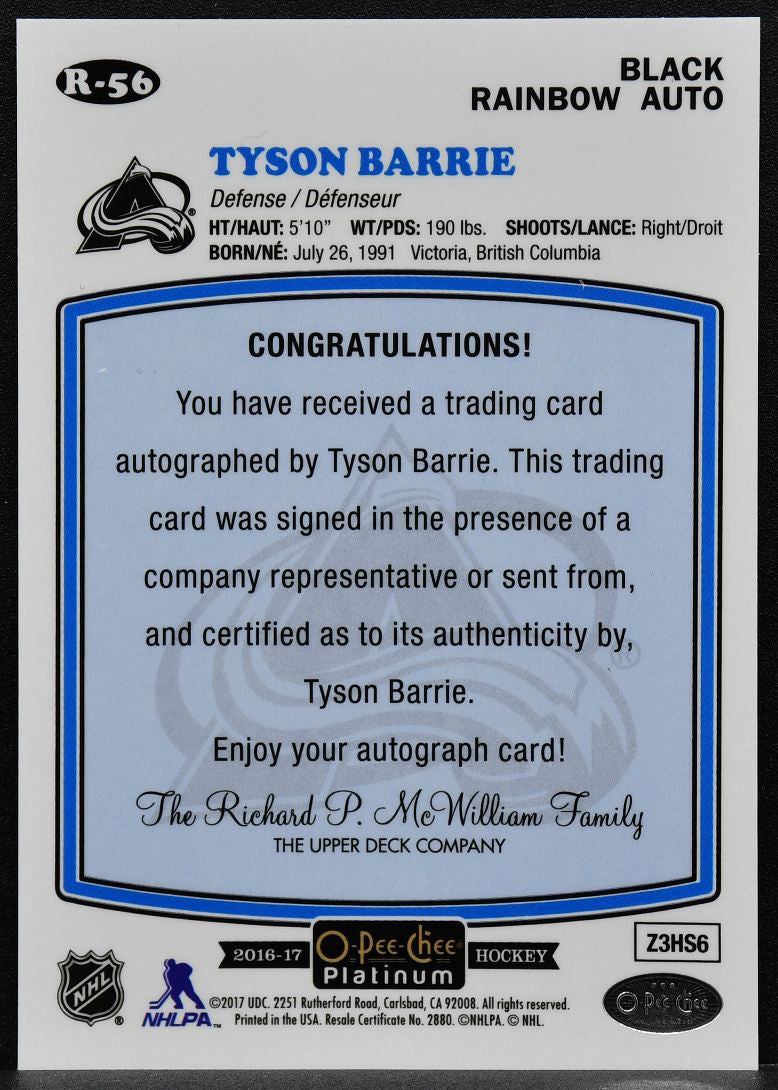2016-17 OPC Platinum Retro Rainbow Black Autographs Tyson Barrie Auto 9842