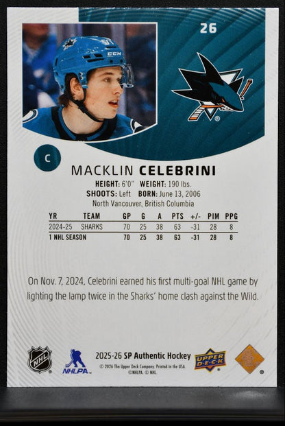 2025-26 SP Authentic Macklin Celebrini 26 San Jose Sharks 1303
