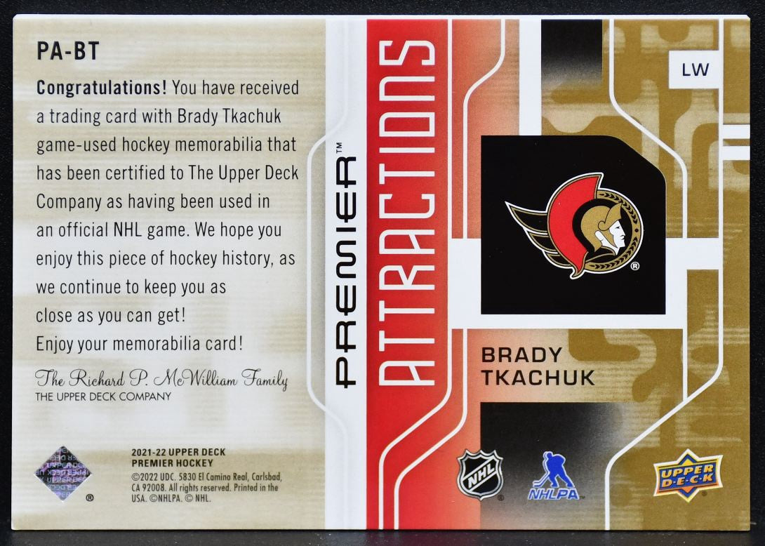 2021-22 UD Premier Attractions Patch Tkachuk PA-BT Senators 30/35 Patch 3732
