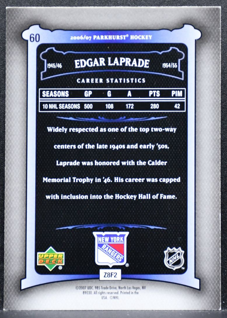 2006-07 Parkhurst no authentification Edgar Laprade New York Rangers Auto 7393