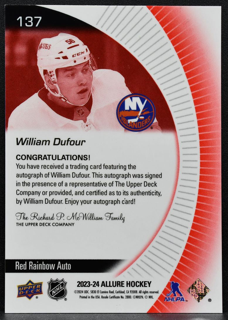 2023-24 UD Allure Red Rainbow - Auto William Dufour 137 Islanders Auto 4076