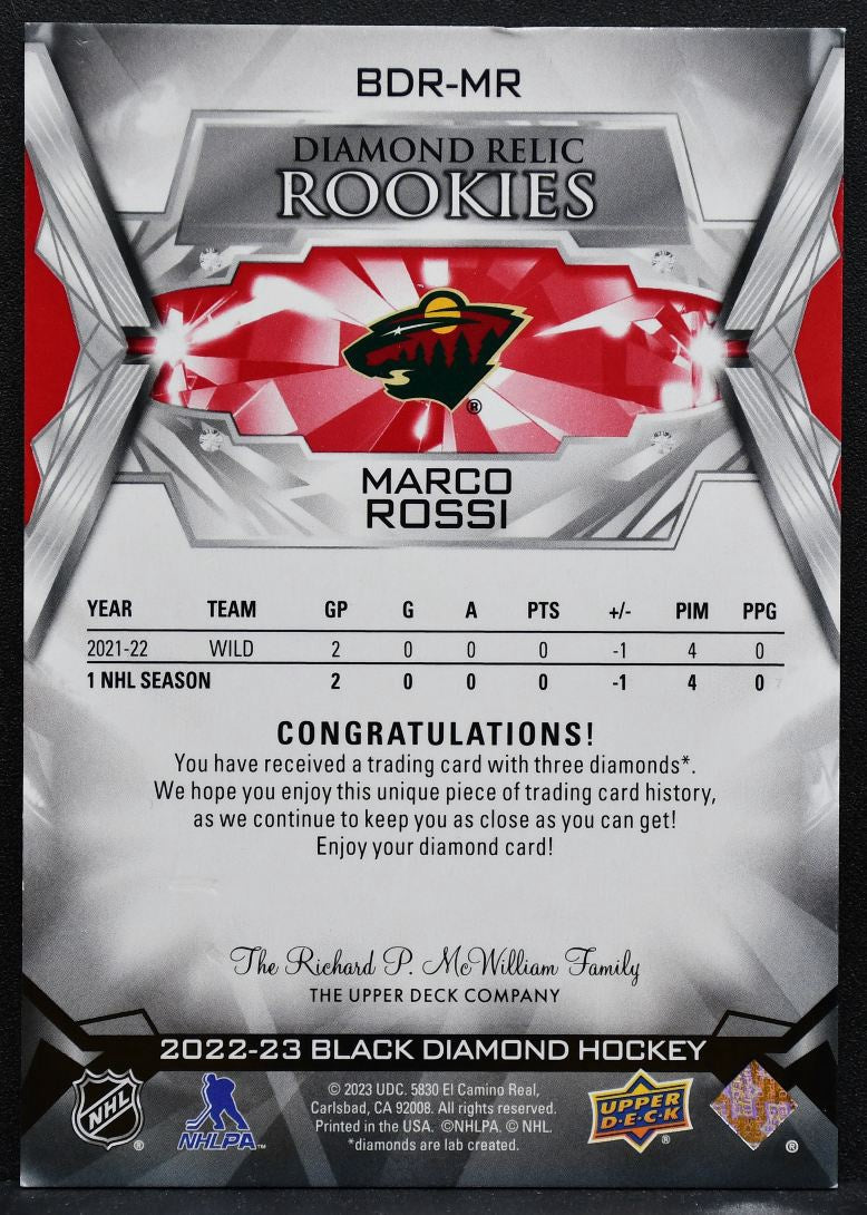 2022-23 UD Black Diamond Relic Rookies Triple Diamond Marco Rossi Wild RC 8068
