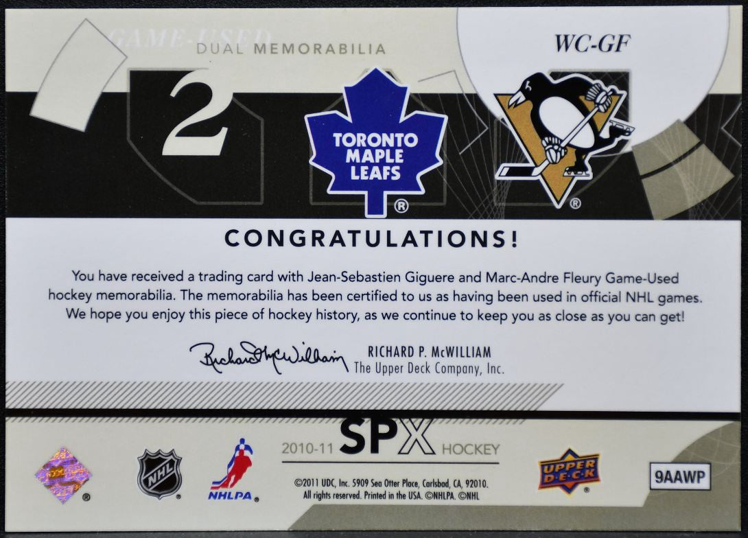 2010-11 SPx Winning Combos Giguere/Fleury Maple Leafs/Penguins Jersey 9157