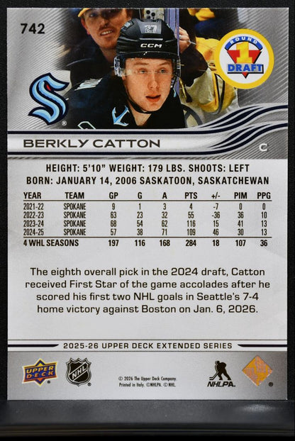2025-26 UD Extended Series Round 1 Draft Berkly Catton Seattle Kraken RC 7566
