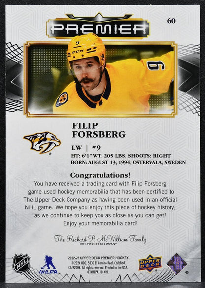 2008-09 Upper Deck Premier Filip Forsberg 60 Nashville Predators Jersey 3901