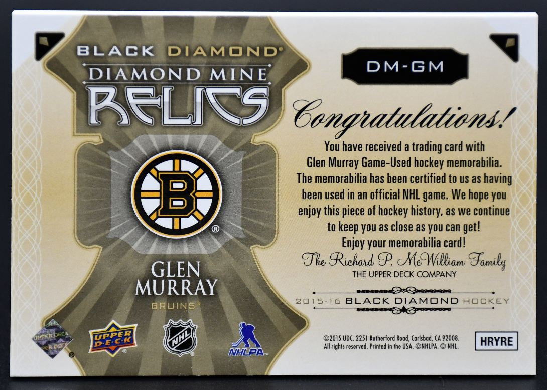 2015-16 UD Black Diamond Diamond Mine Relics Glen Murray DM-GM 43/75 Patch