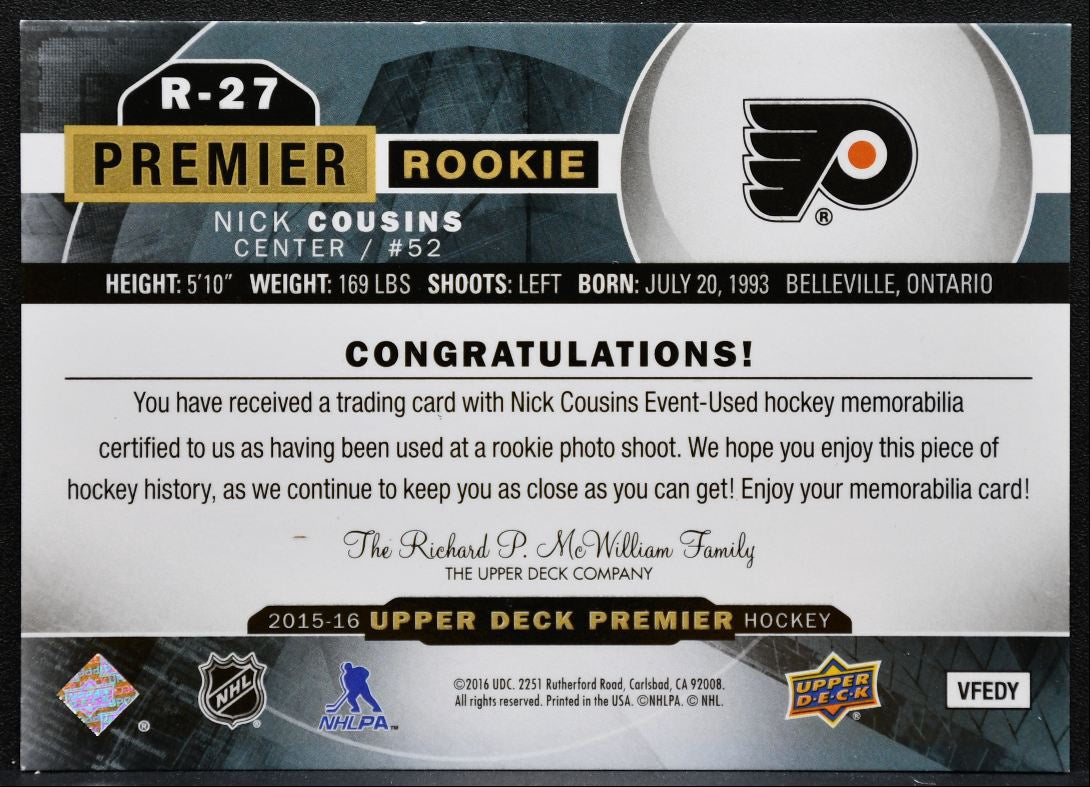 2015-16 Upper Deck Premier Rookies Jersey Nick Cousins Flyers RC Jersey 1082