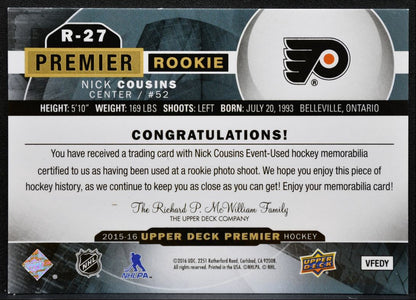 2015-16 Upper Deck Premier Rookies Jersey Nick Cousins Flyers RC Jersey 1082