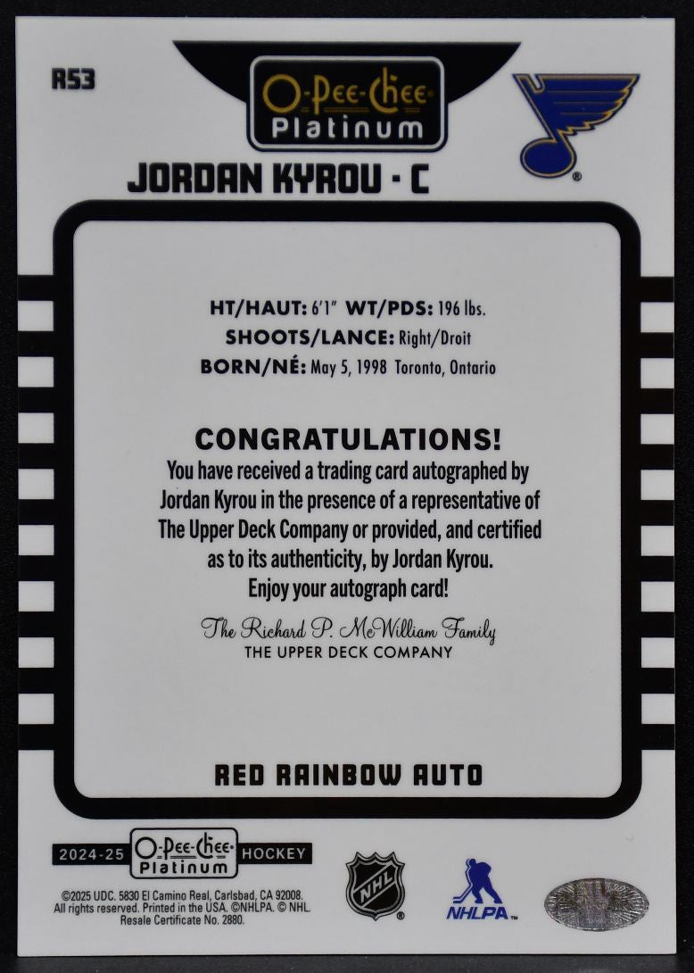 2024-25 OPC Platinum Retro Red Rainbow Auto Jordan Kyrou R53 Blues Auto 7198