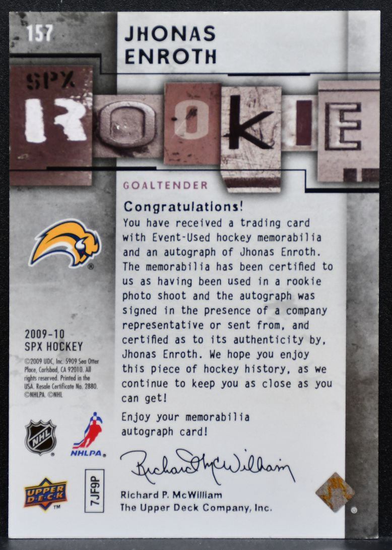 2009-10 SPx Rookie Jersey Auto Jhonas Enroth Sabres RC Auto 673/799 Jersey 6785