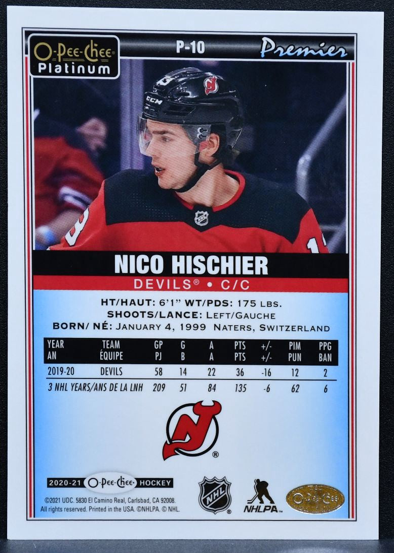 2020-21 O-Pee-Chee Platinum Premier Nico Hischier P-10 New Jersey Devils 8587