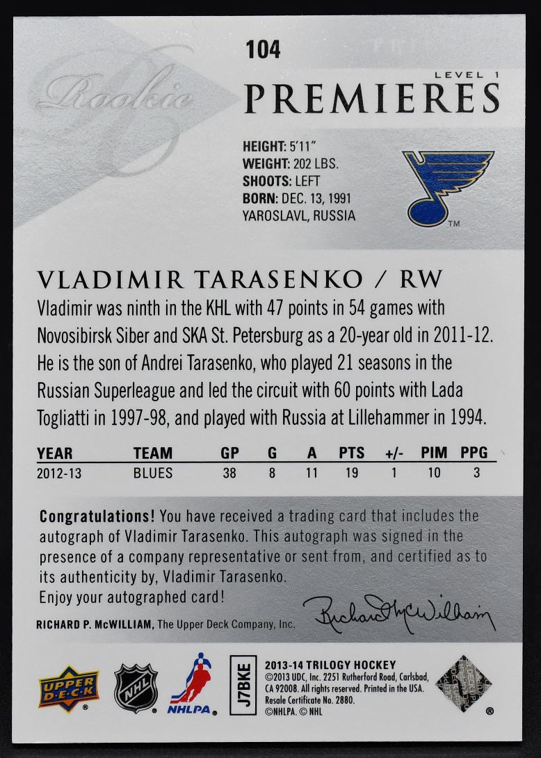 2013-14 UD Trilogy Rookie Premiers Vladimir Tarasenko 104 RC Auto 638/699