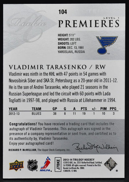 2013-14 UD Trilogy Rookie Premiers Vladimir Tarasenko 104 RC Auto 638/699