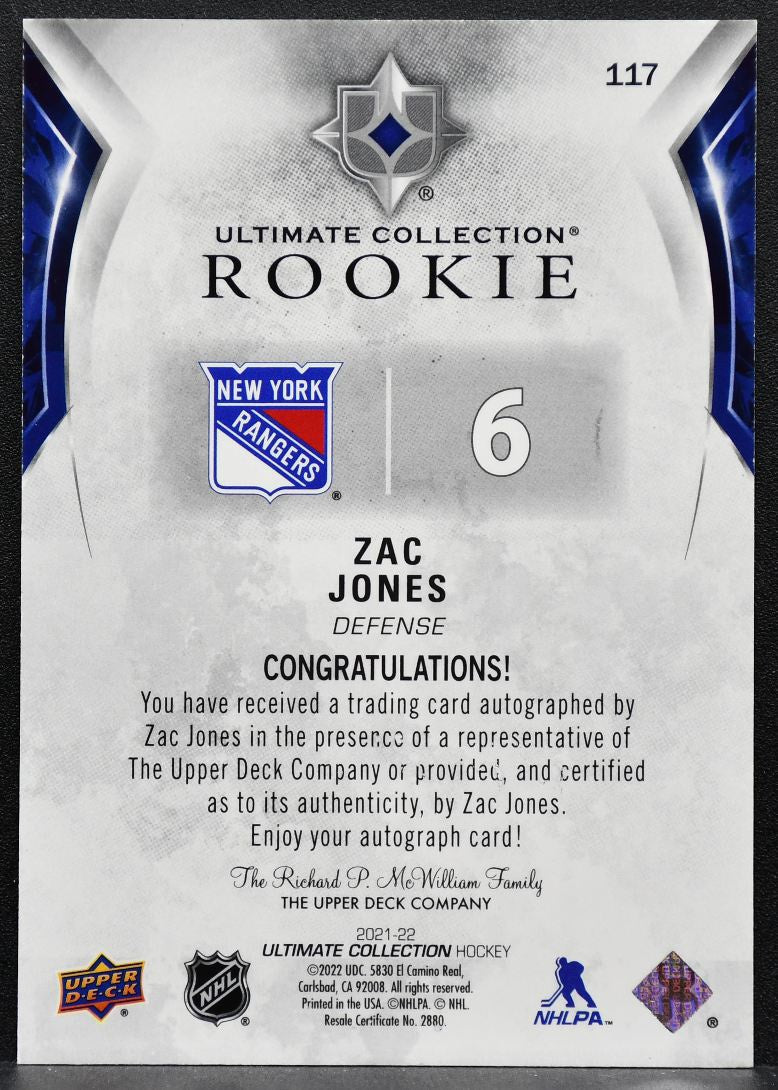 2021-22 UD Ultimate Collection Rookie Auto Zac Jones Rangers RC Auto 3260