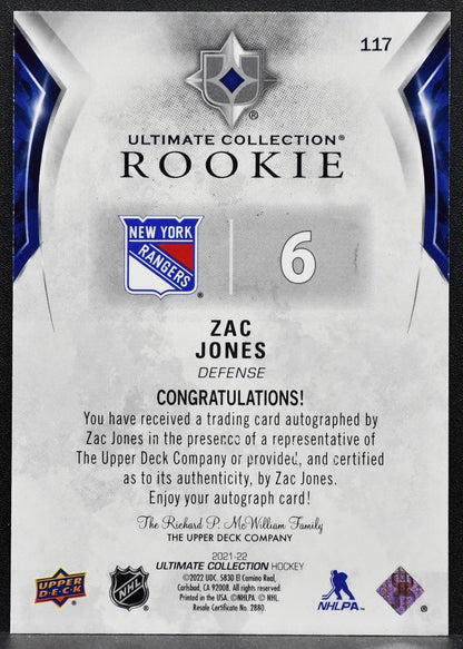 2021-22 UD Ultimate Collection Rookie Auto Zac Jones Rangers RC Auto 3260