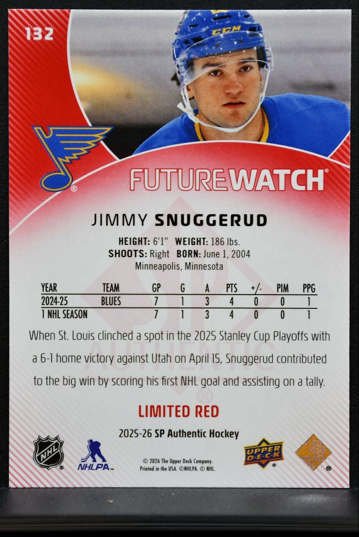 2025-26 SP Authentic Future Watch Limited Red Jimmy Snuggerud 132 Blues RC 3383