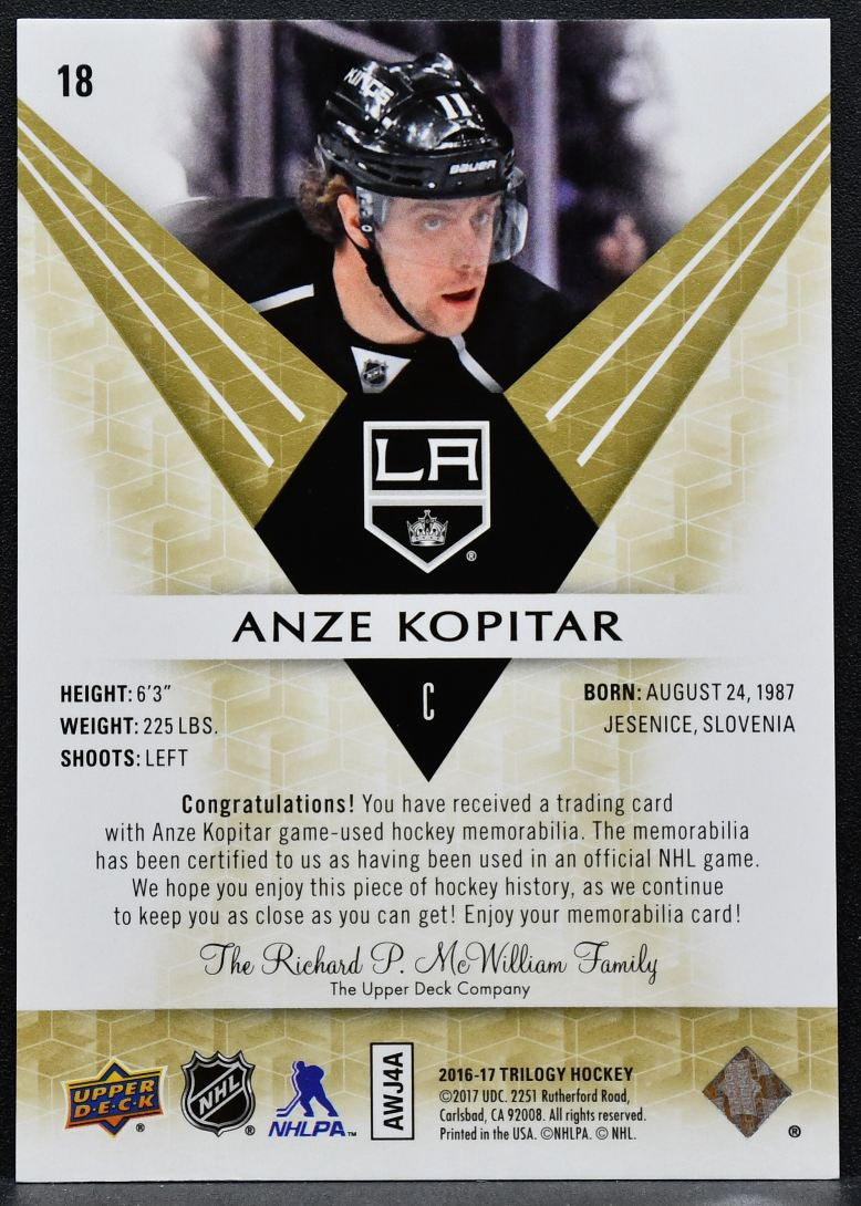 2016-17 UD Trilogy Green Career Stat Relics Rainbow Foil Kopitar Jersey 0802
