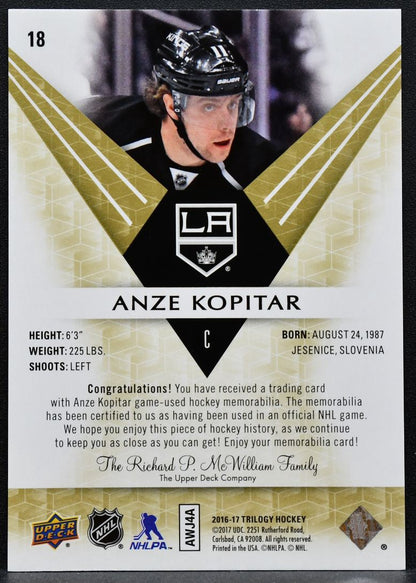 2016-17 UD Trilogy Green Career Stat Relics Rainbow Foil Kopitar Jersey 0802