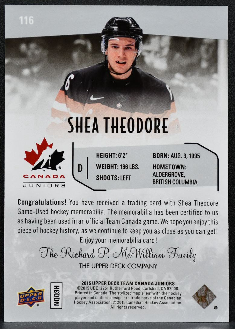 2015-16 Upper Deck Team Canada Juniors Jersey Shea Theodore Canada Jersey 5031