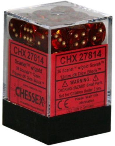 Scarab 36 * D6 Scarlet / Gold 12mm Chessex Dice (CHX27814)
