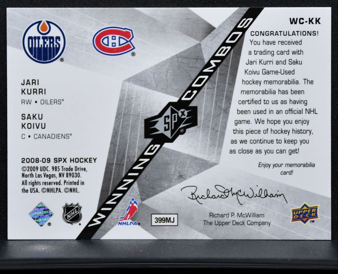 2008-09 SPx Winning Combos Dual Jersey Jari Kurri/Saku Koivu WC-KK Jersey 4016