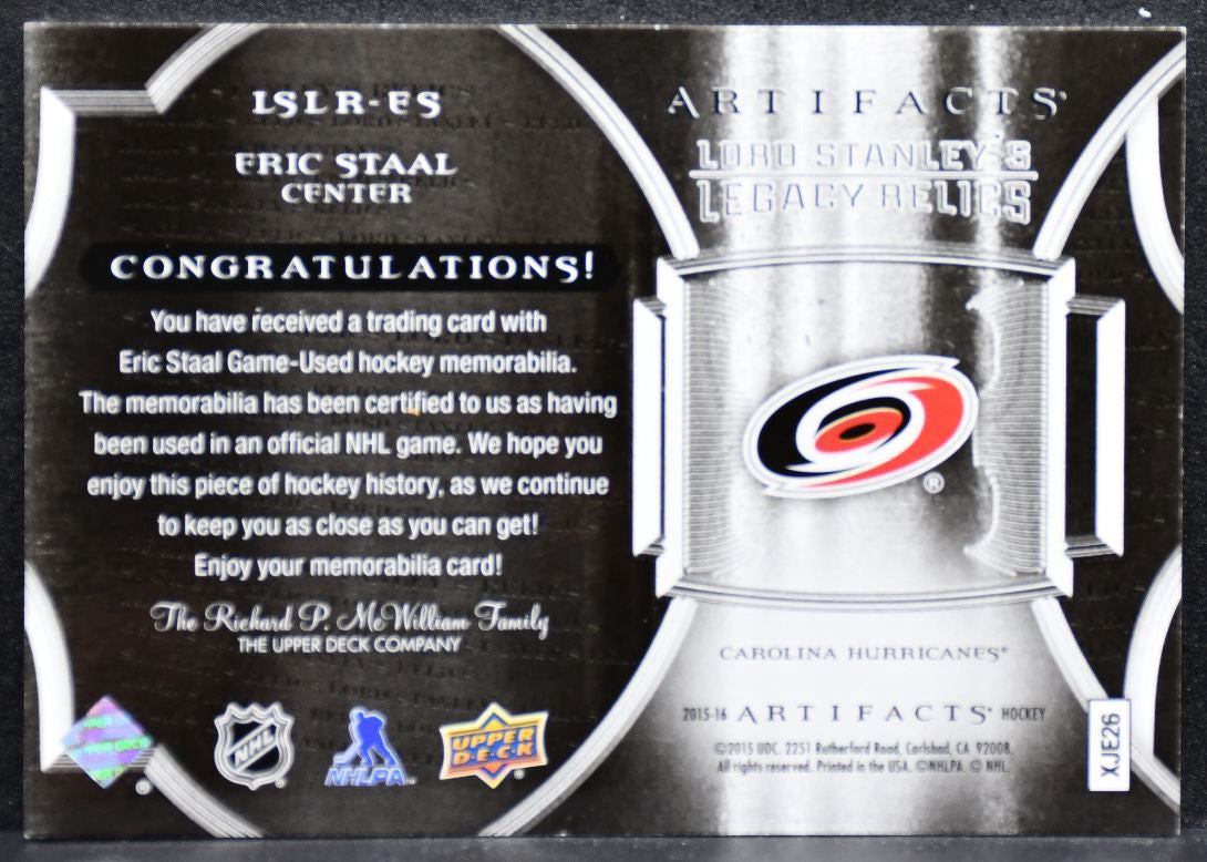 2015-16 UD Artifacts Lord Stanley's Legacy Relics Eric Staal Jersey 4521