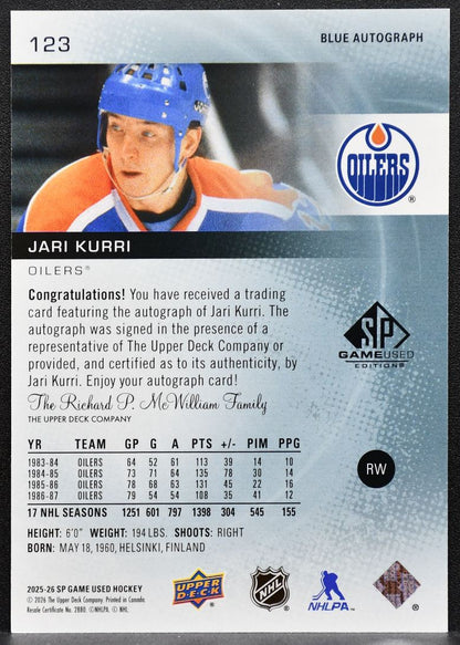 2025-26 SP Game Used Blue Auto Jari Kurri 123 Edmonton Oilers Auto 8009