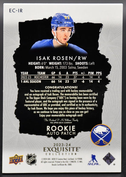 2023-24 UD Exquisite Collection Rosen EC-IR Buffalo Sabres RC Auto /63 Patch