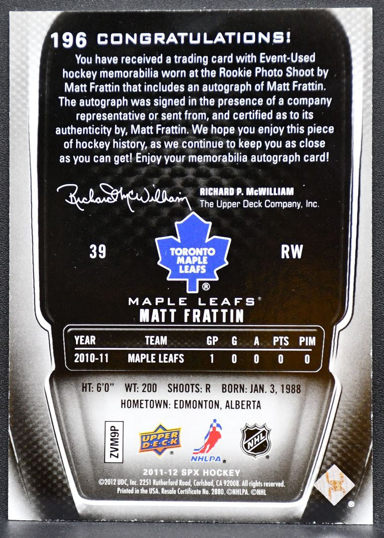 2011-12 SPx Jersey RC Matt Frattin 196 Maple Leafs RC Auto 552/799 Jersey 0485