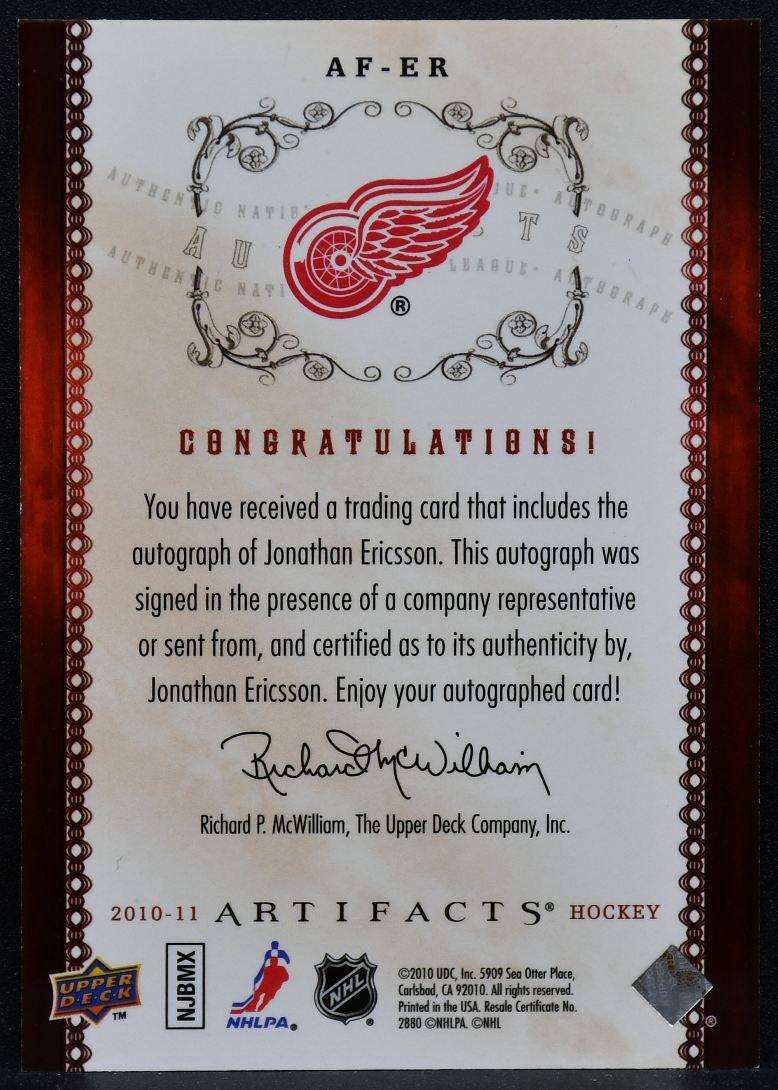 2010-11 UD Artifacts Autofacts Jonathan Ericsson AF-ER Red Wings Auto 6290